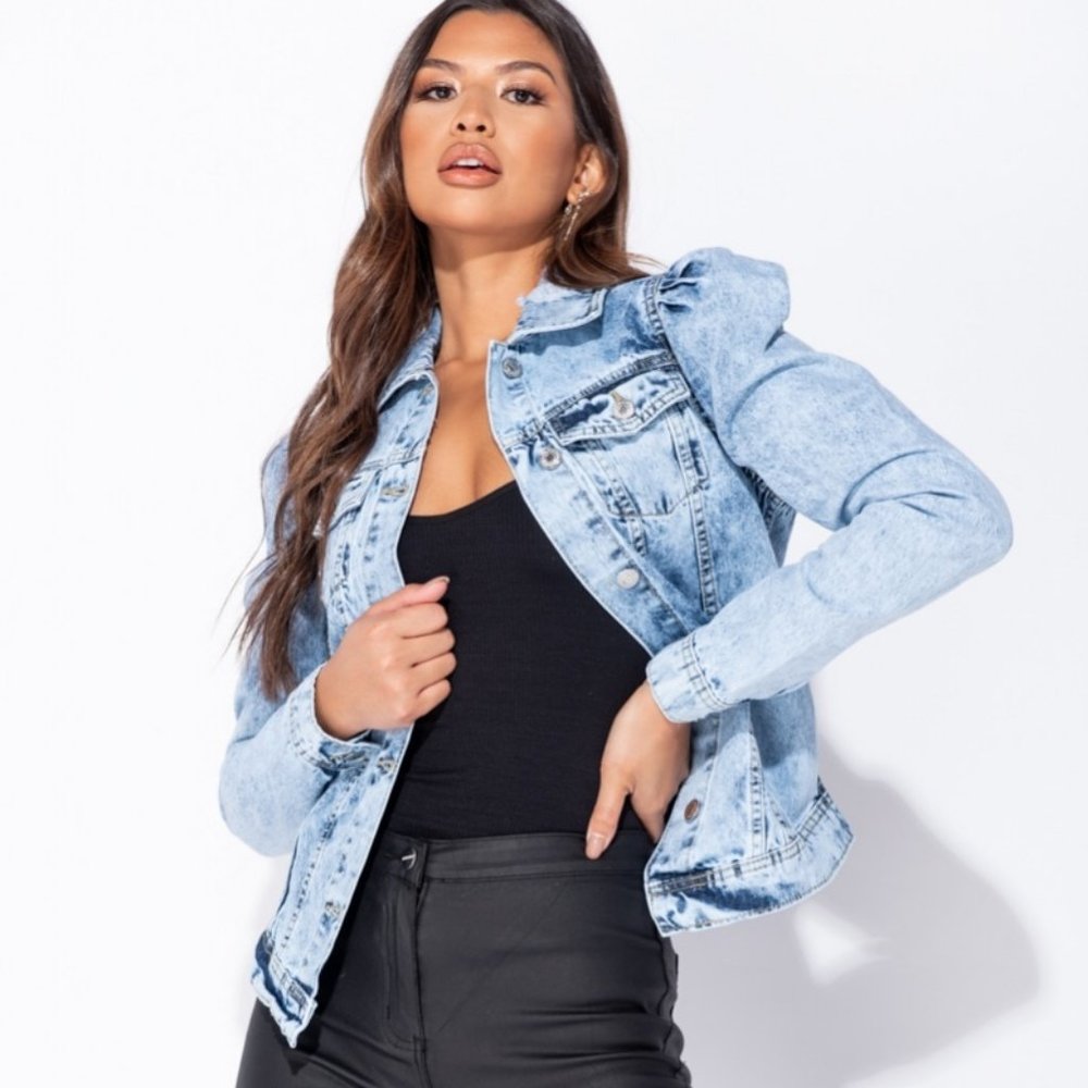 LAST 1! Acid Wash Long Puff Sleeve Denim Jacket - Picture 7 of 7